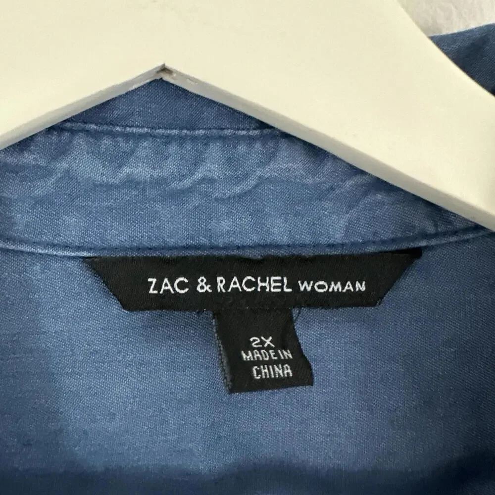 2/$20 Zac & Rachel Blue Button Up Blouse Tunic With Roll Sleeves Women's Size 2X - Picture 4 of 6